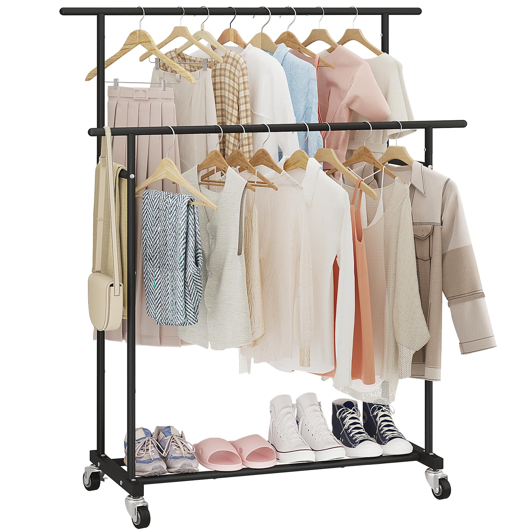 Calmootey double-rod garment rack front view for organized clothing.