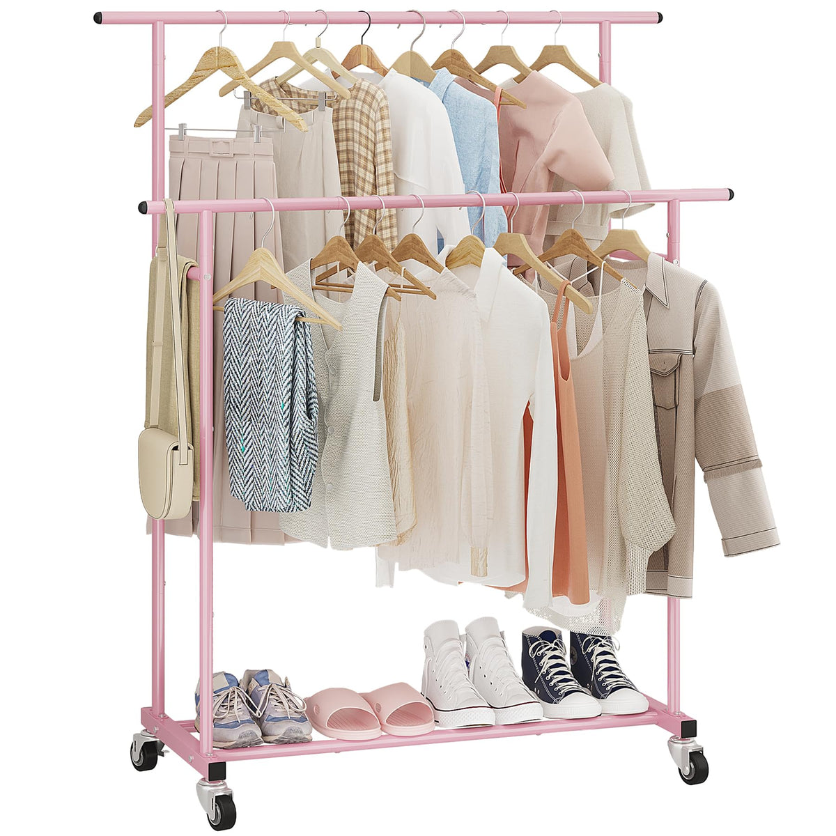 Calmootey double-rod clothing rack in pink provides ample space for organized outfits.