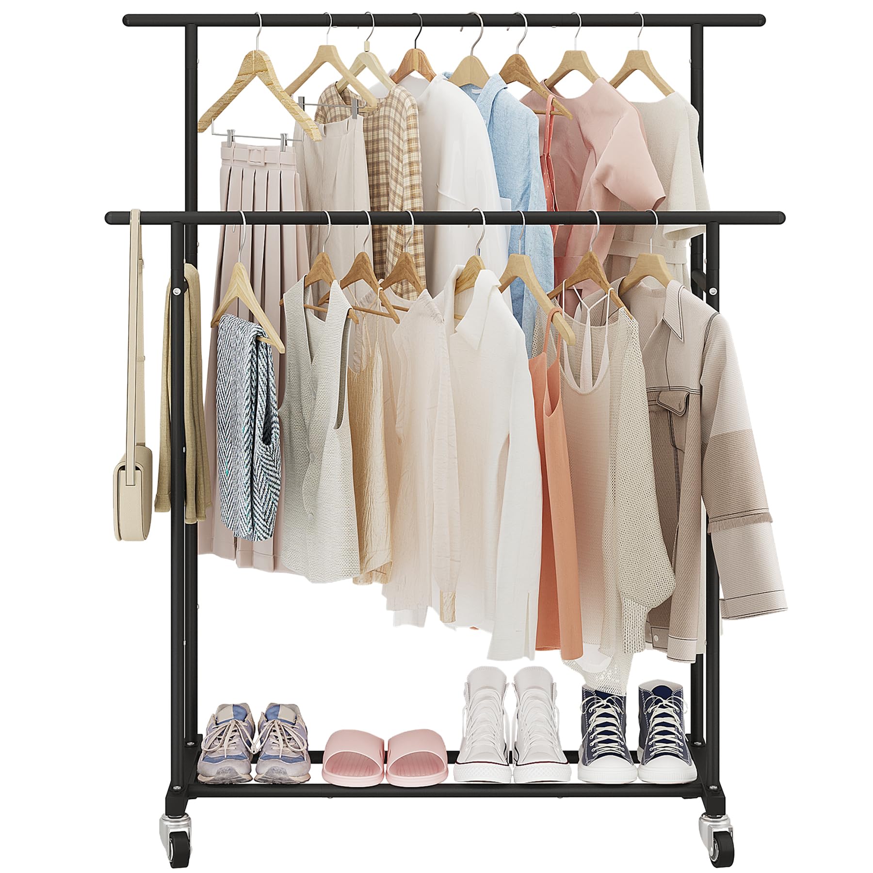 Calmootey garment rack side view showing spacious storage.