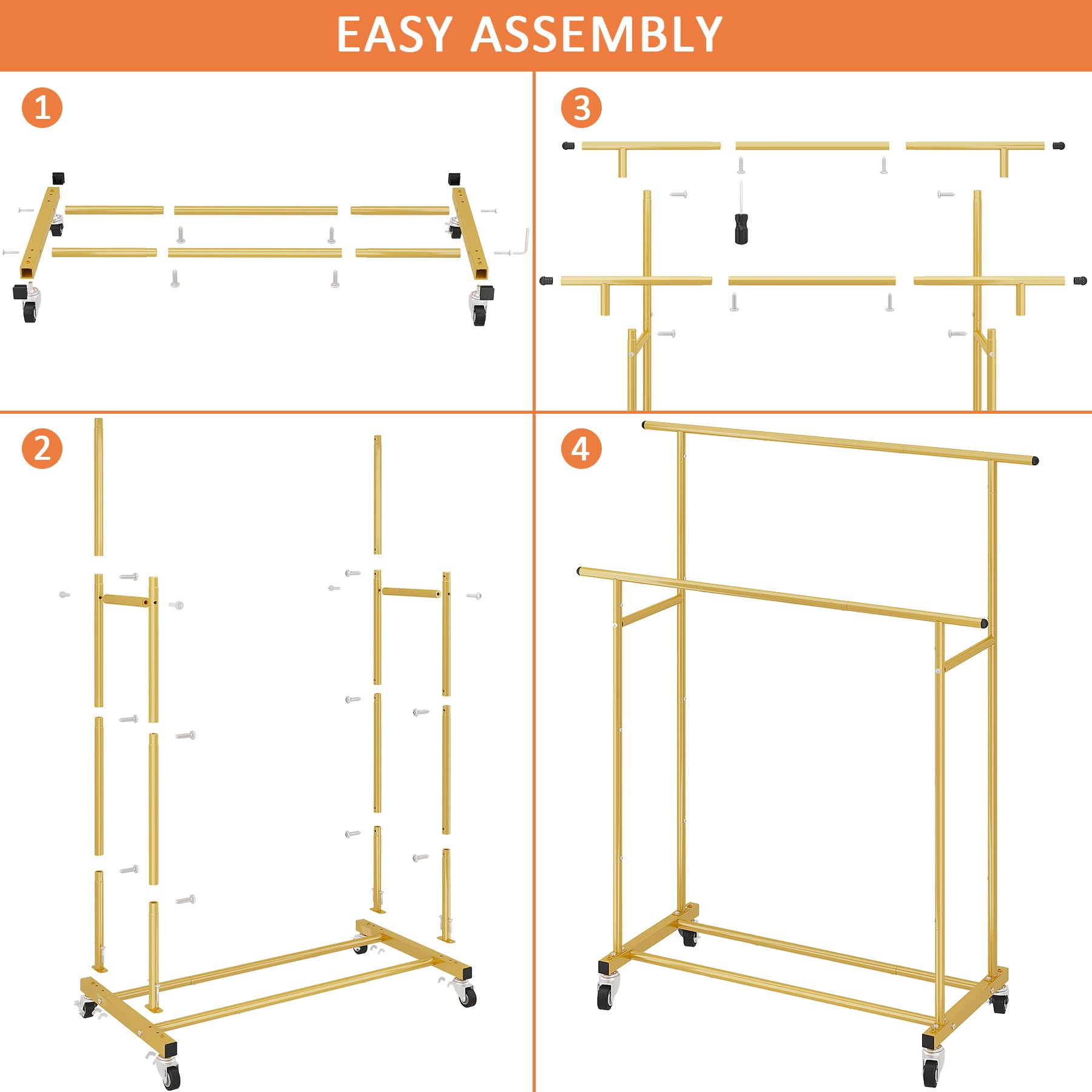 Portable clothes rack in gold fits small and large spaces