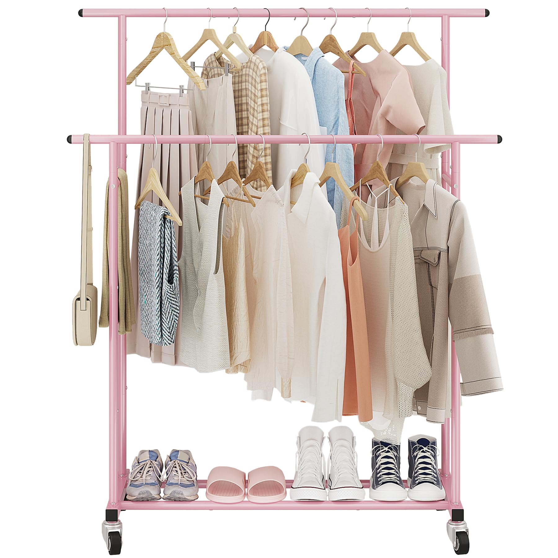 Calmootey rolling clothes rack with wheels offers easy movement and flexible positioning.