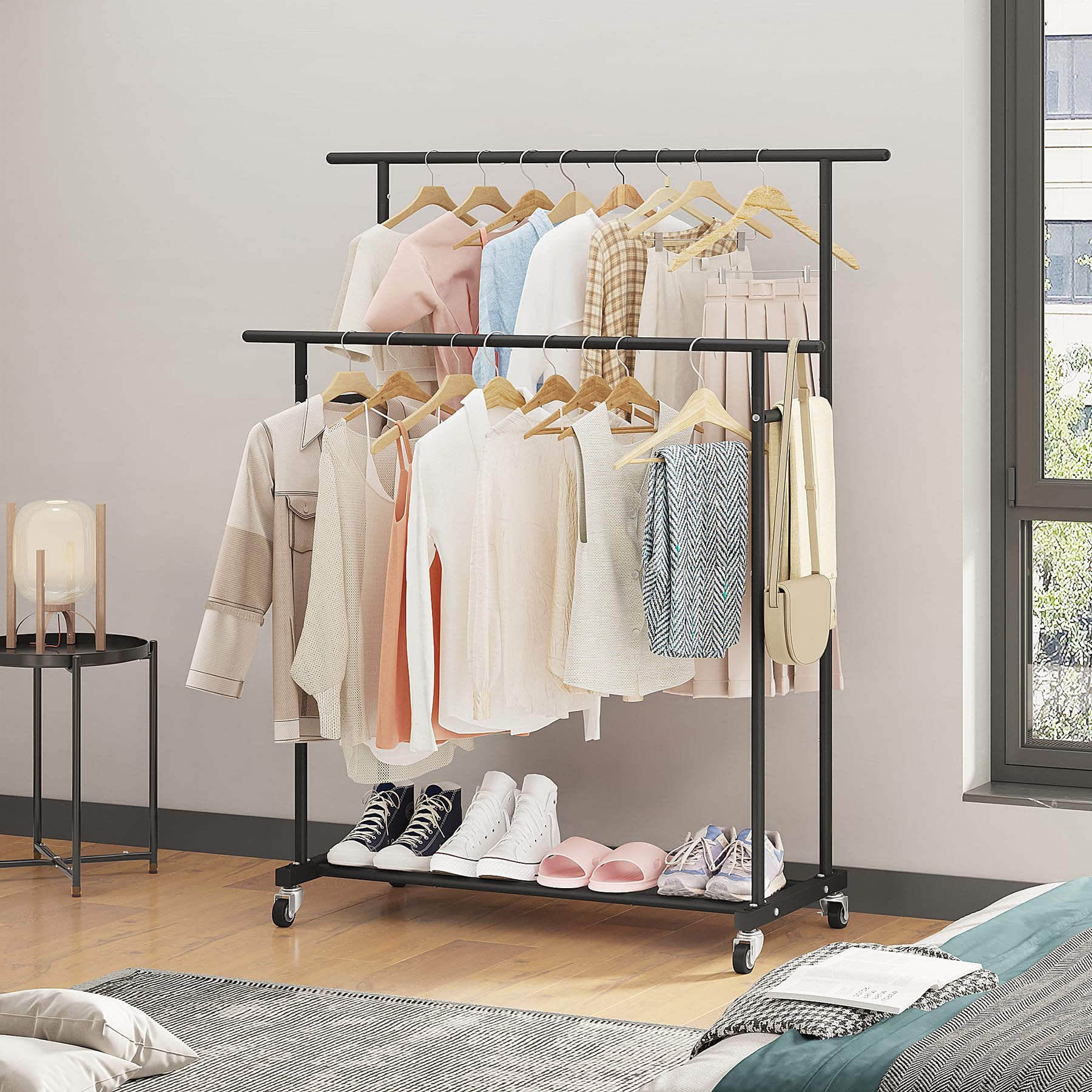 Calmootey side rods offer extra storage for scarves and towels.