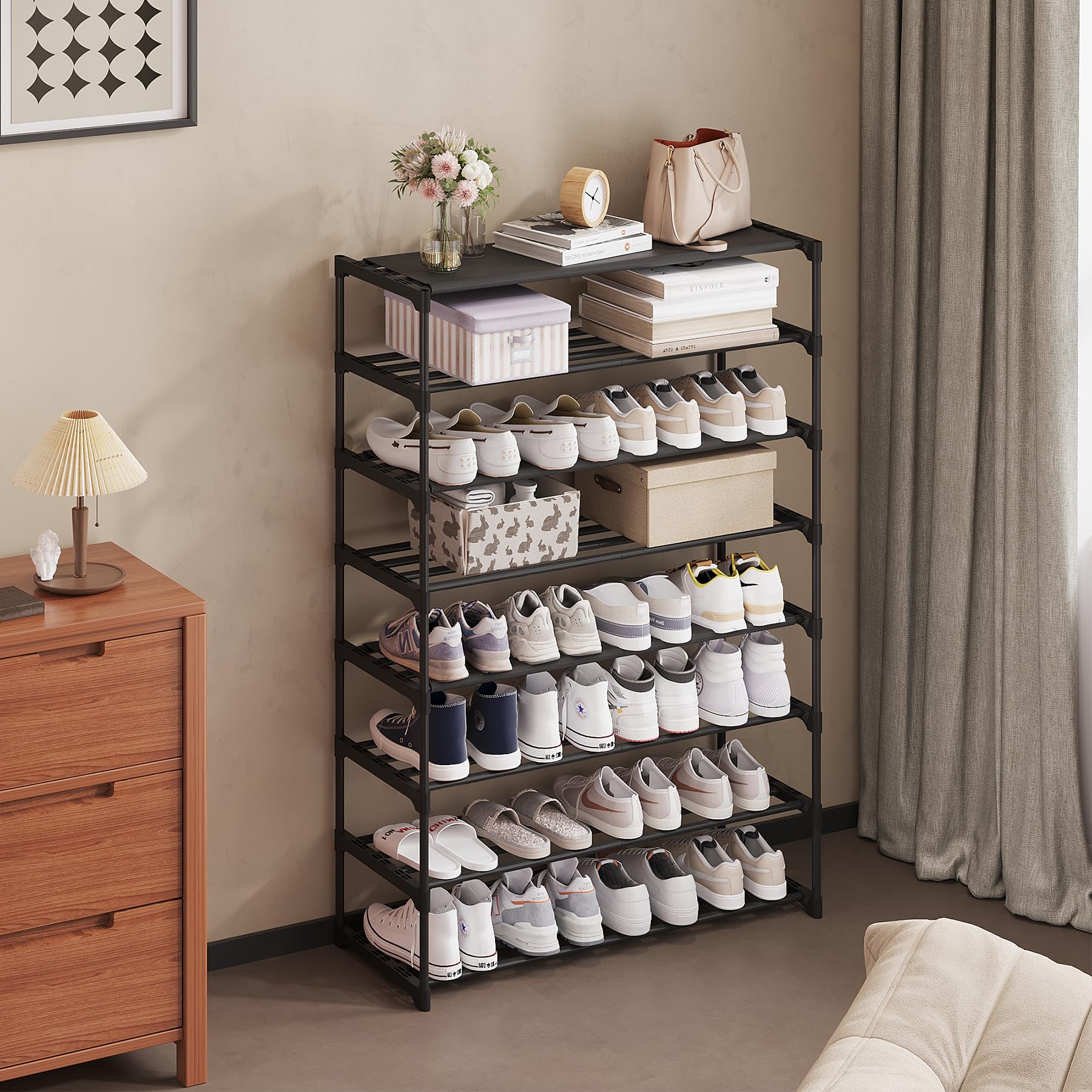 Calmootey top shelf holds lightweight items like bags and umbrellas.