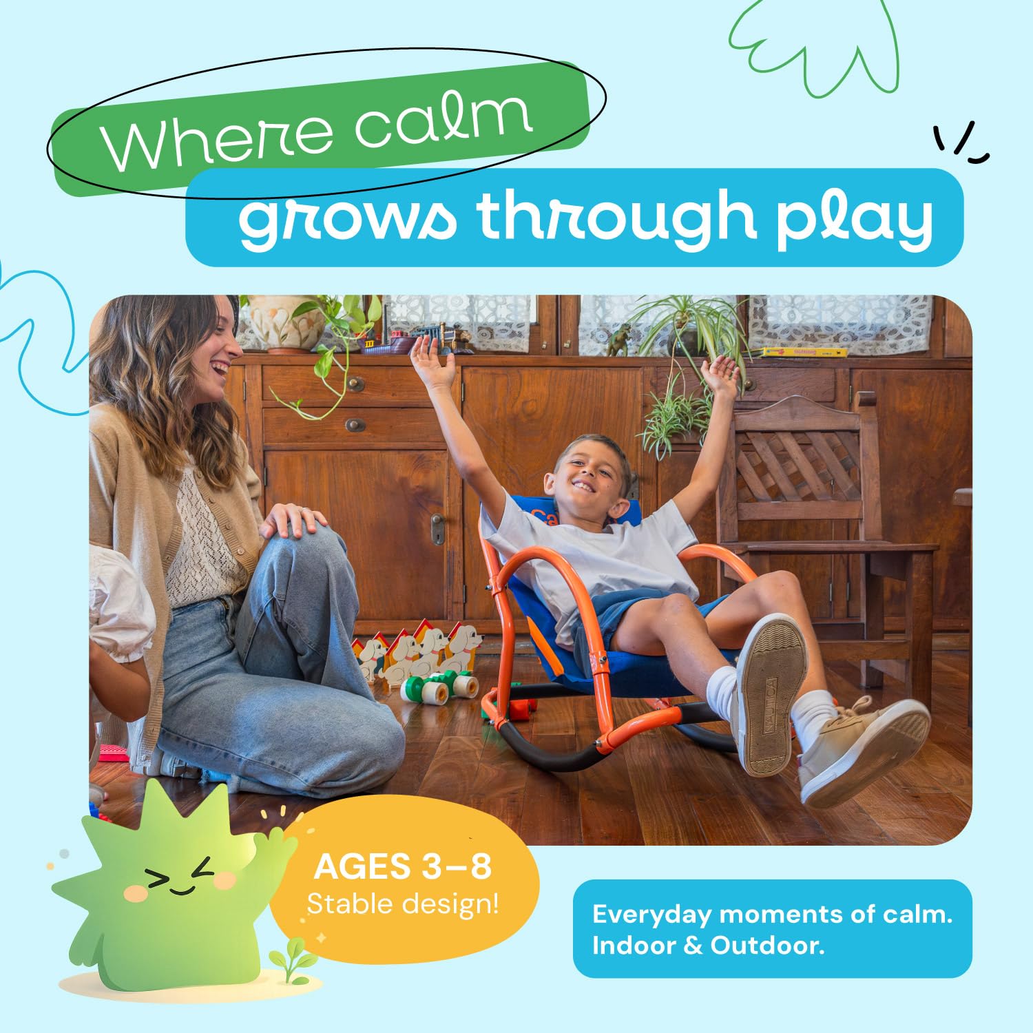 CALMPLAY Kids Rocking Chair side view shows stable, child-friendly design for independent rocking