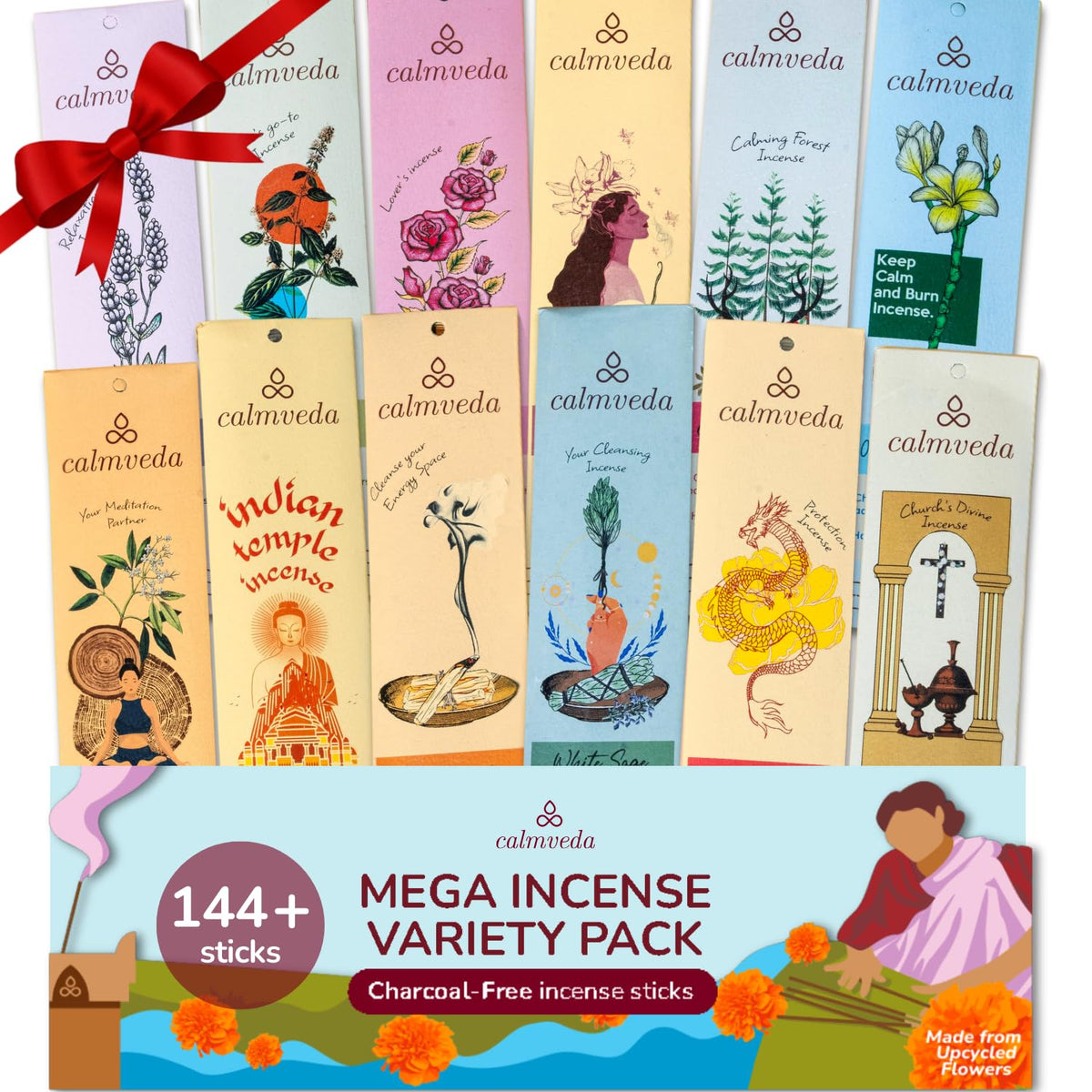 Calmveda Mega Pack incense sticks with 12 aromas for versatile home ambiance