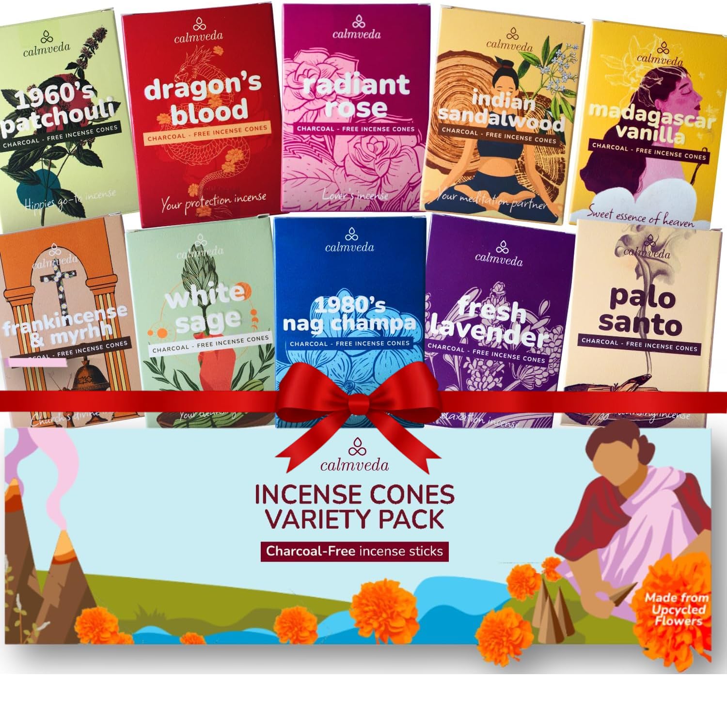 Calmveda Organic Incense Cones 120-pack variety for relaxing rooms.