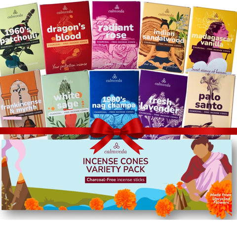 Calmveda Organic Incense Cones 120-pack variety for relaxing rooms.