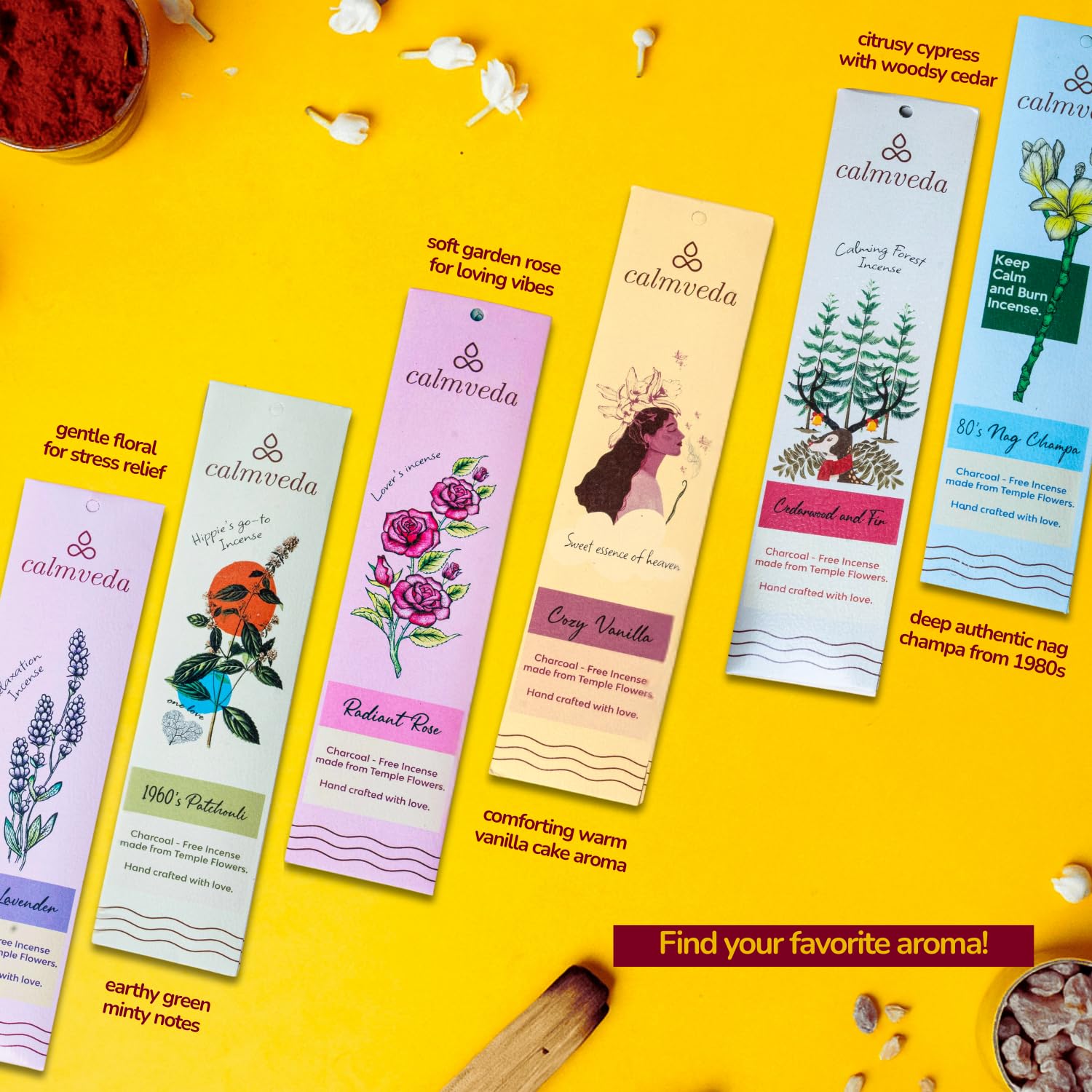 Calmveda upcycled flower-based incense sourced from sacred blooms