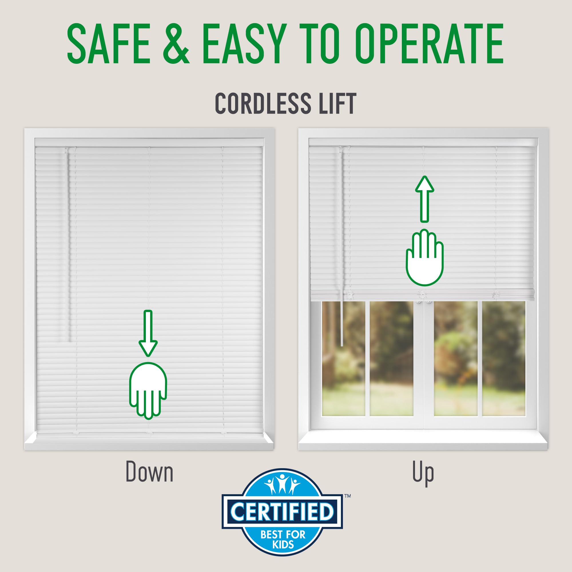 Calyx Interiors cordless lift system with wand tilt for simple light control.