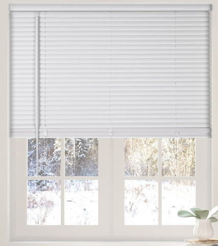 Calyx Interiors cordless white 1in mini blind front view offers a clean, modern look and light control.