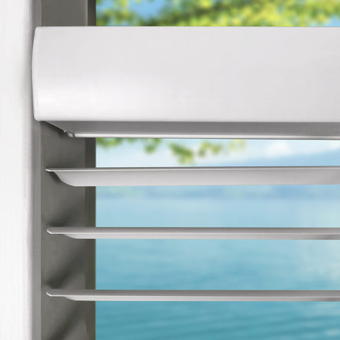 Calyx Interiors vinyl mini blind moisture-resistant for bathrooms or basements with easy cleaning.