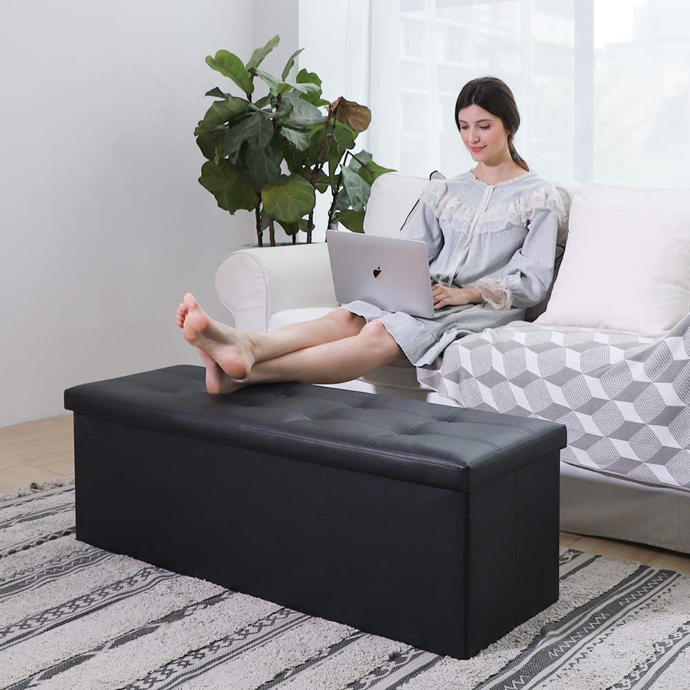 Camabel 43-inch folding ottoman bench lid open showing large storage cavity.