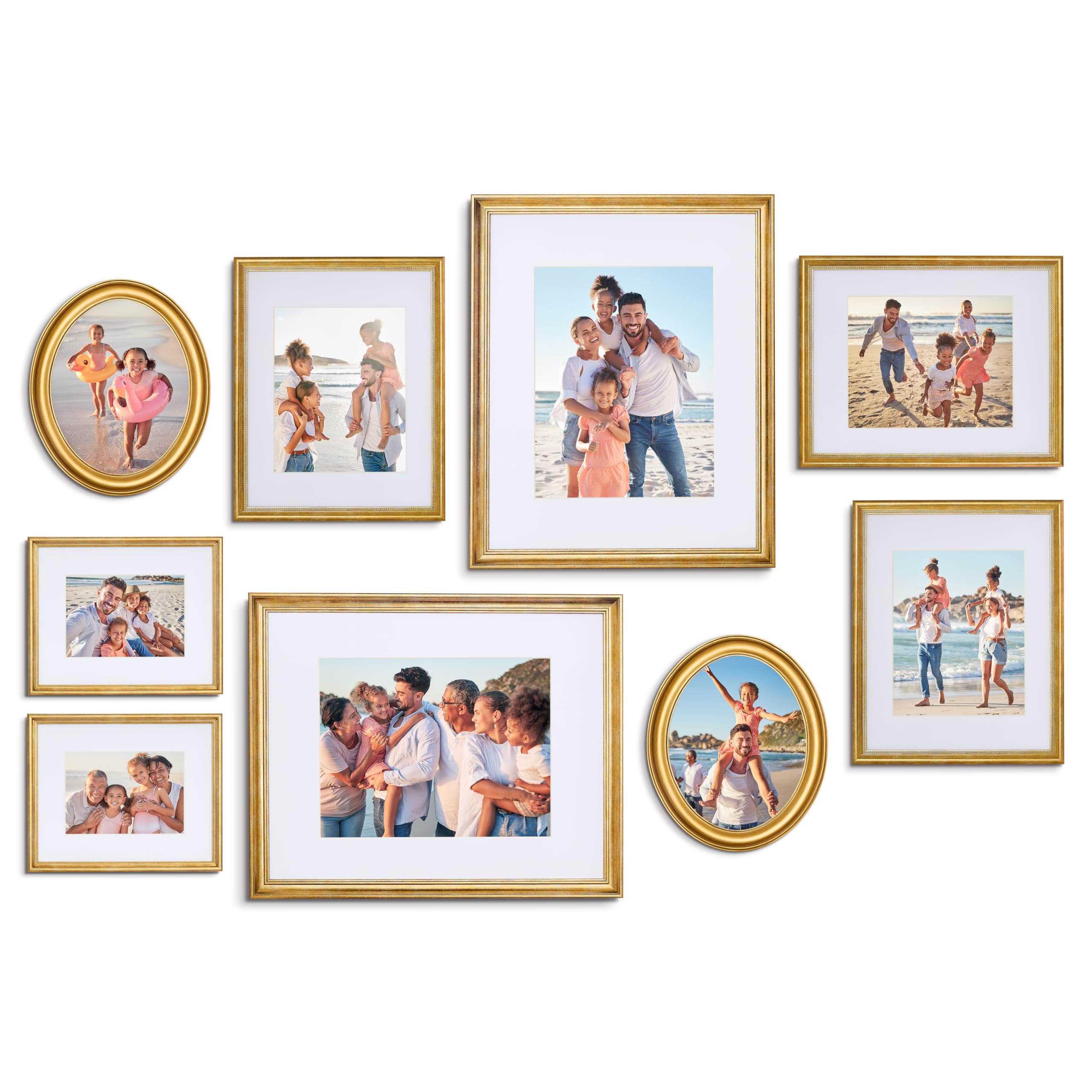 Camden Reed mixed gallery wall frames in brass finish ideal for a cohesive living room display.