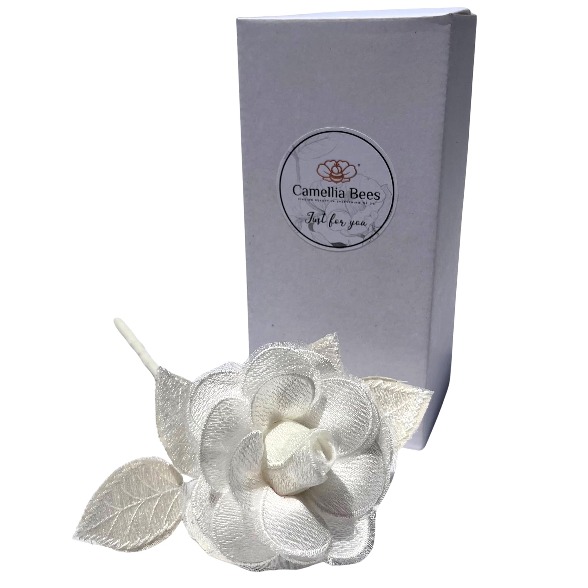 Camellia Bees lace rose with steel-wire stem, adjustable to fit any vase.