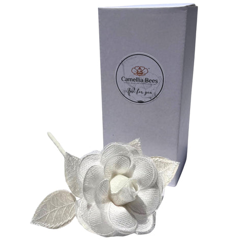 Camellia Bees lace rose with steel-wire stem, adjustable to fit any vase.