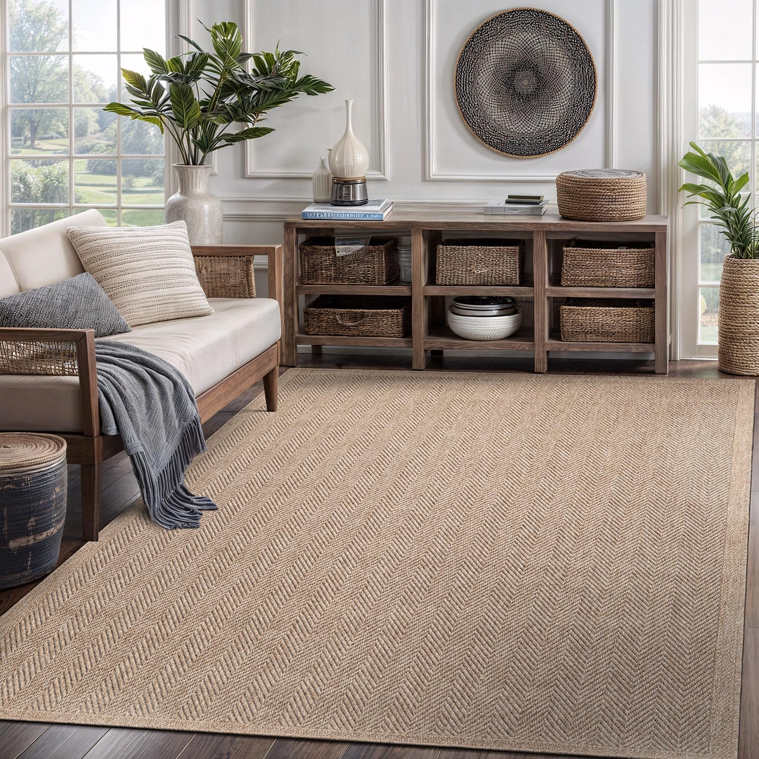 CAMILSON Easy Jute Rug 5x7 in living room with natural texture and easy upkeep.