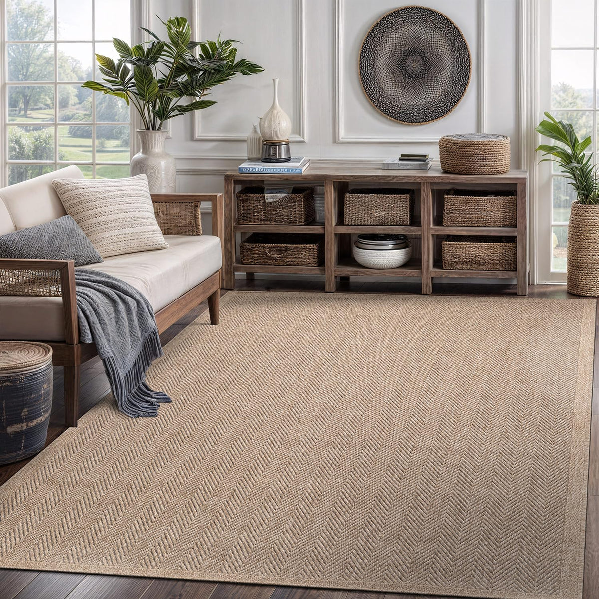 CAMILSON Easy Jute Rug 5x7 in living room with natural texture and easy upkeep.