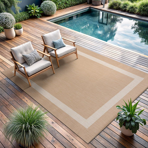 CAMILSON outdoor rug 5x7 bordered beige-white ideal for patio use and easy cleaning.