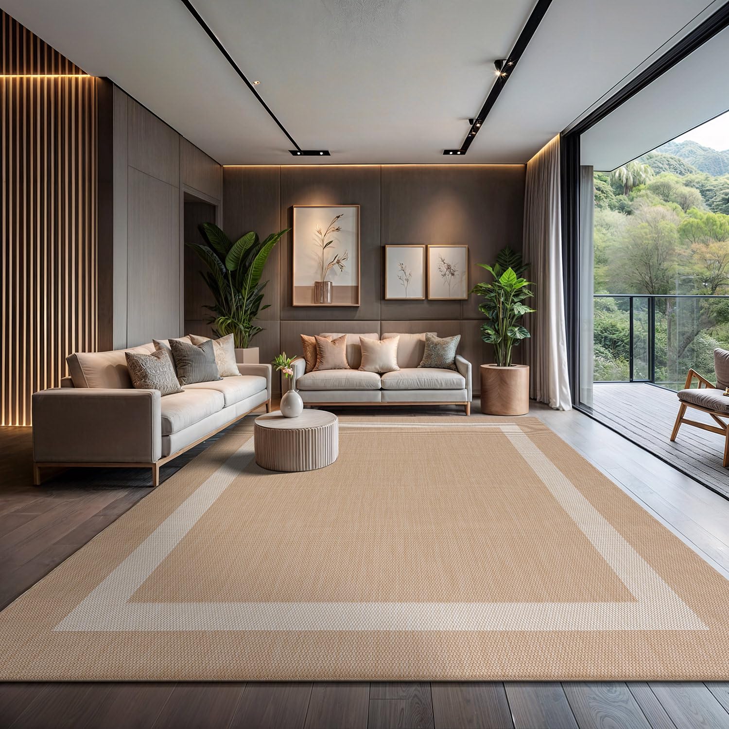CAMILSON beige-white bordered rug suitable for living room and patio.