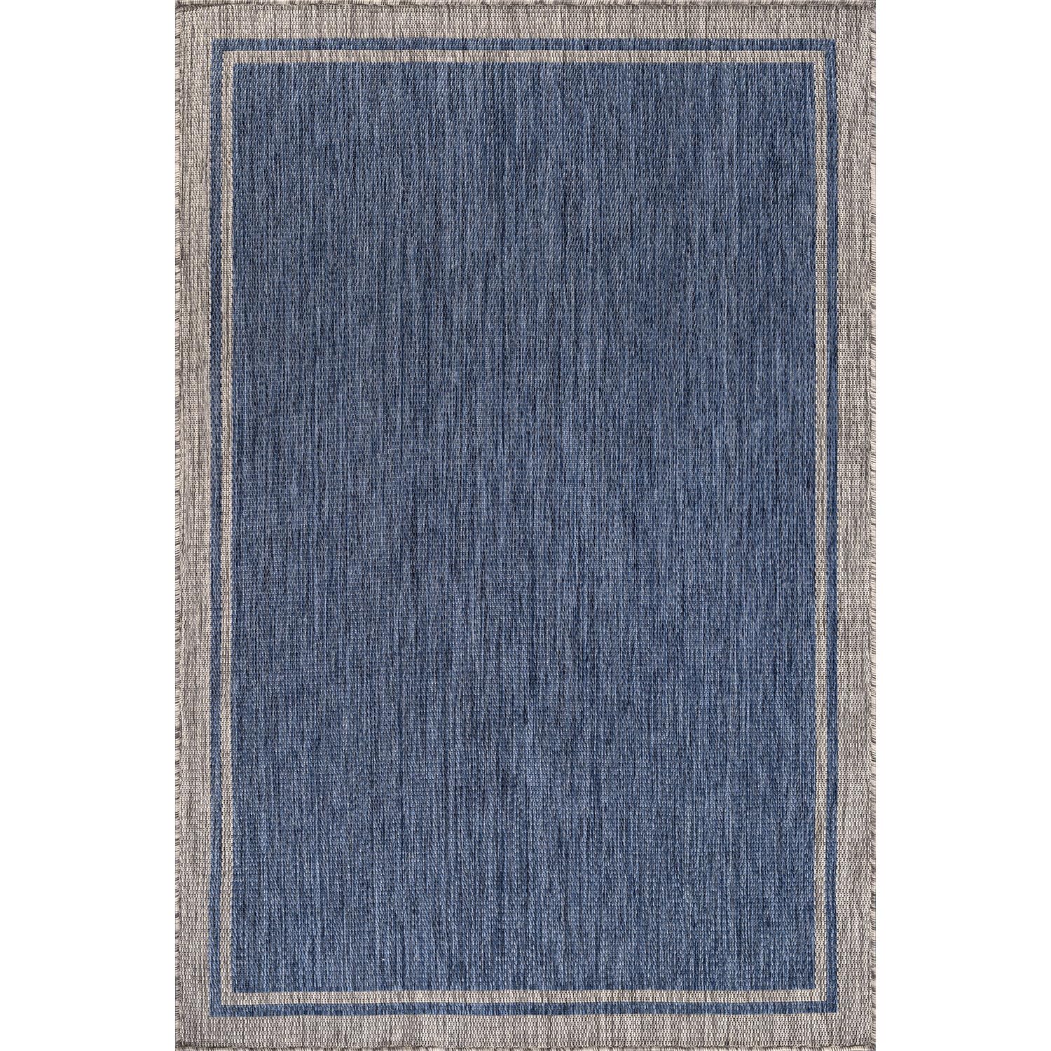 CAMILSON navy gray rug with modern border enhances any porch or deck.