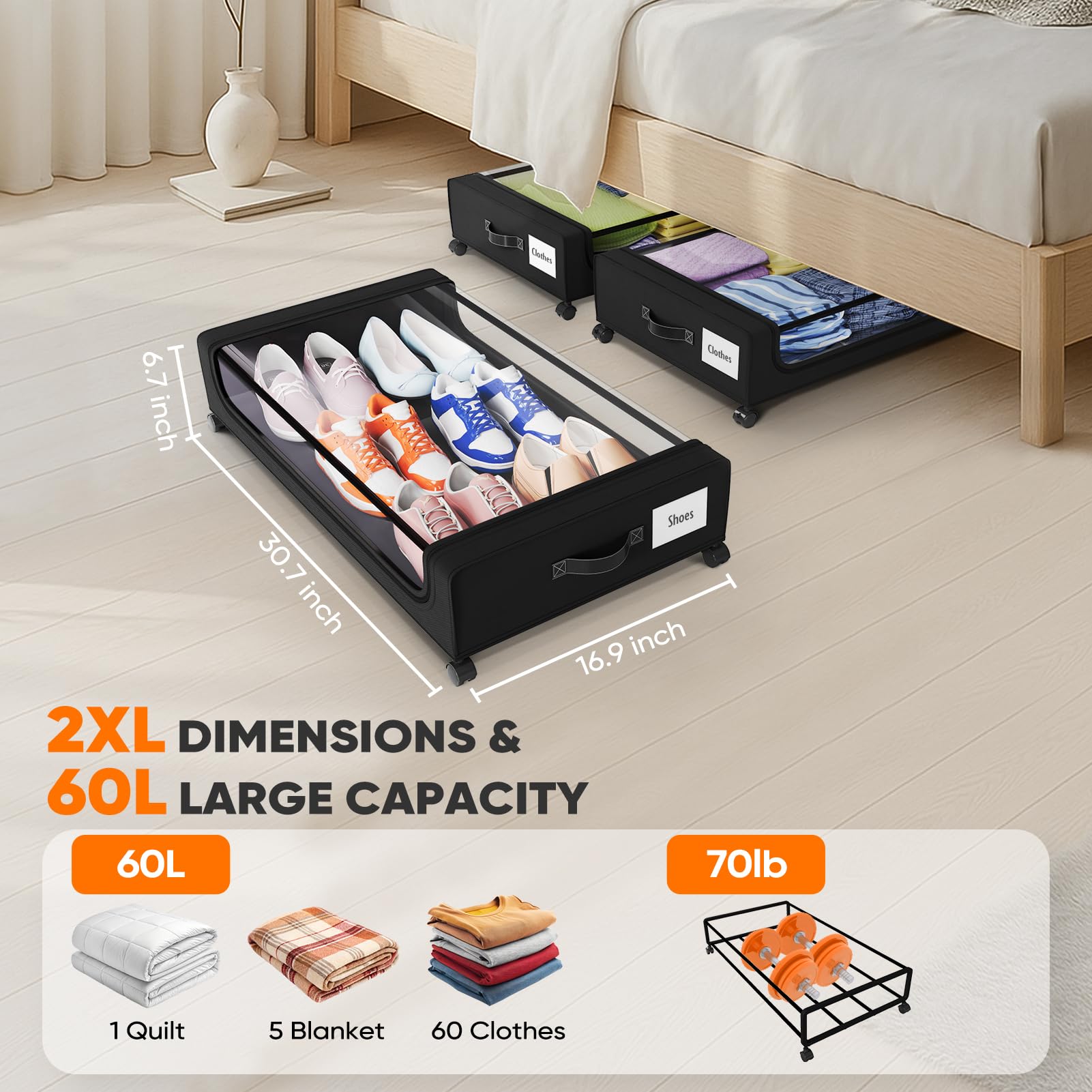 Camkey under-bed storage bins offer 60L capacity for compact organization.
