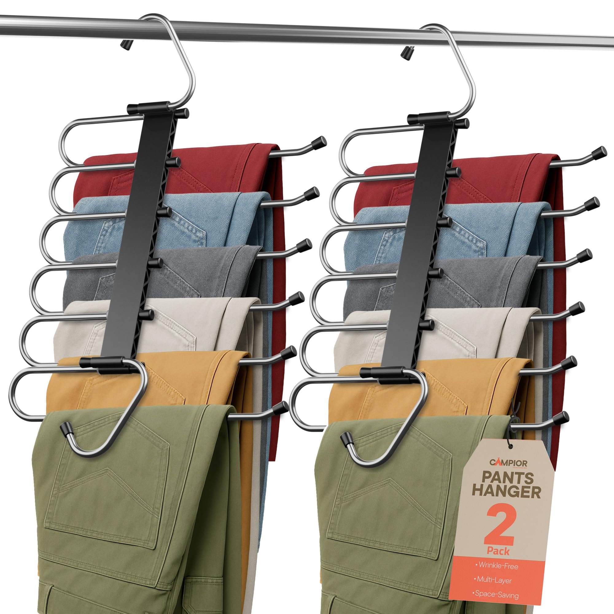 Campior 6-layer pants hanger with open-ended design for easy outfit changes
