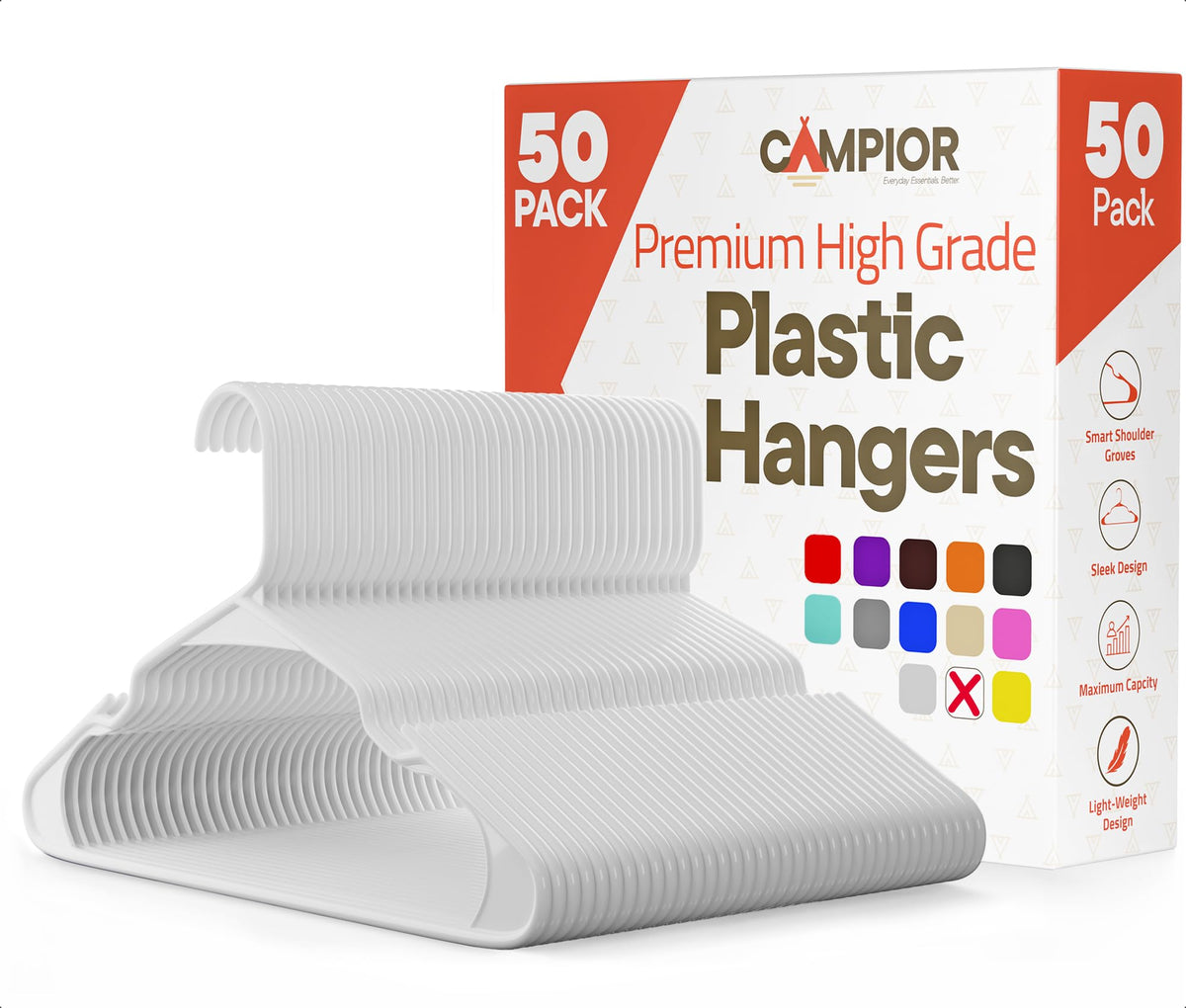 Campior white 50-pack hangers with space-saving design keep closets neat and accessible.