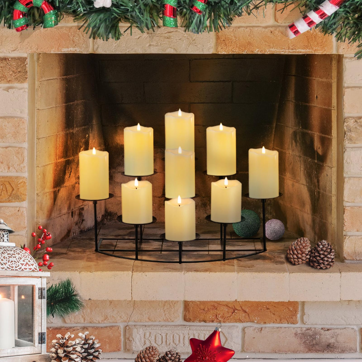 Candeldo Candelabra on a mantle showing nine heights and warm glow.