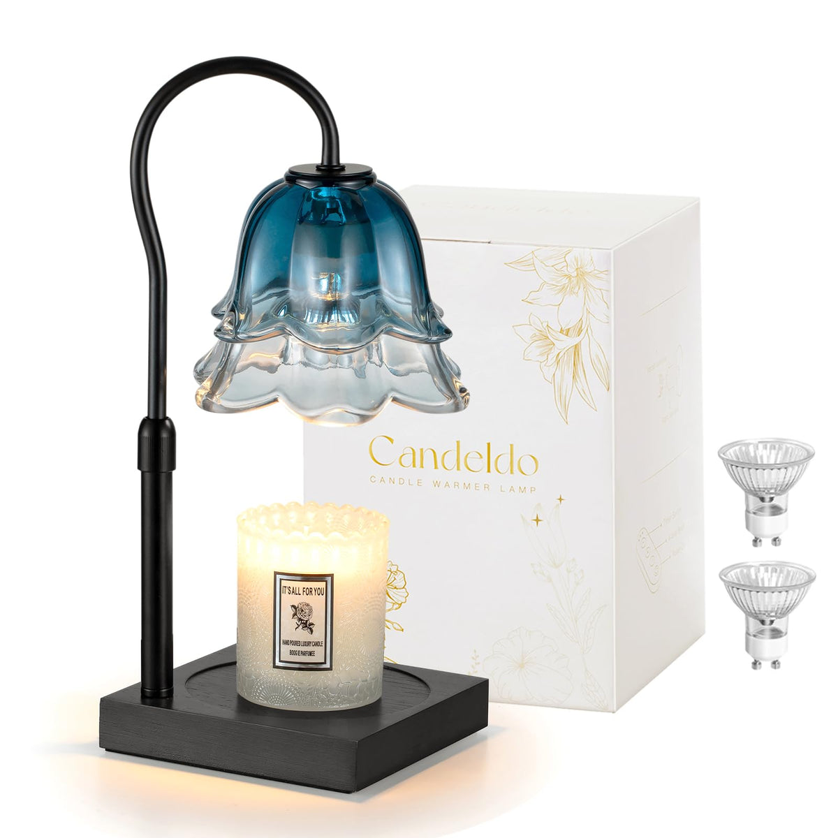 Candeldo candle warmer with navy blue shade enhances ambience and fragrance without open flame.