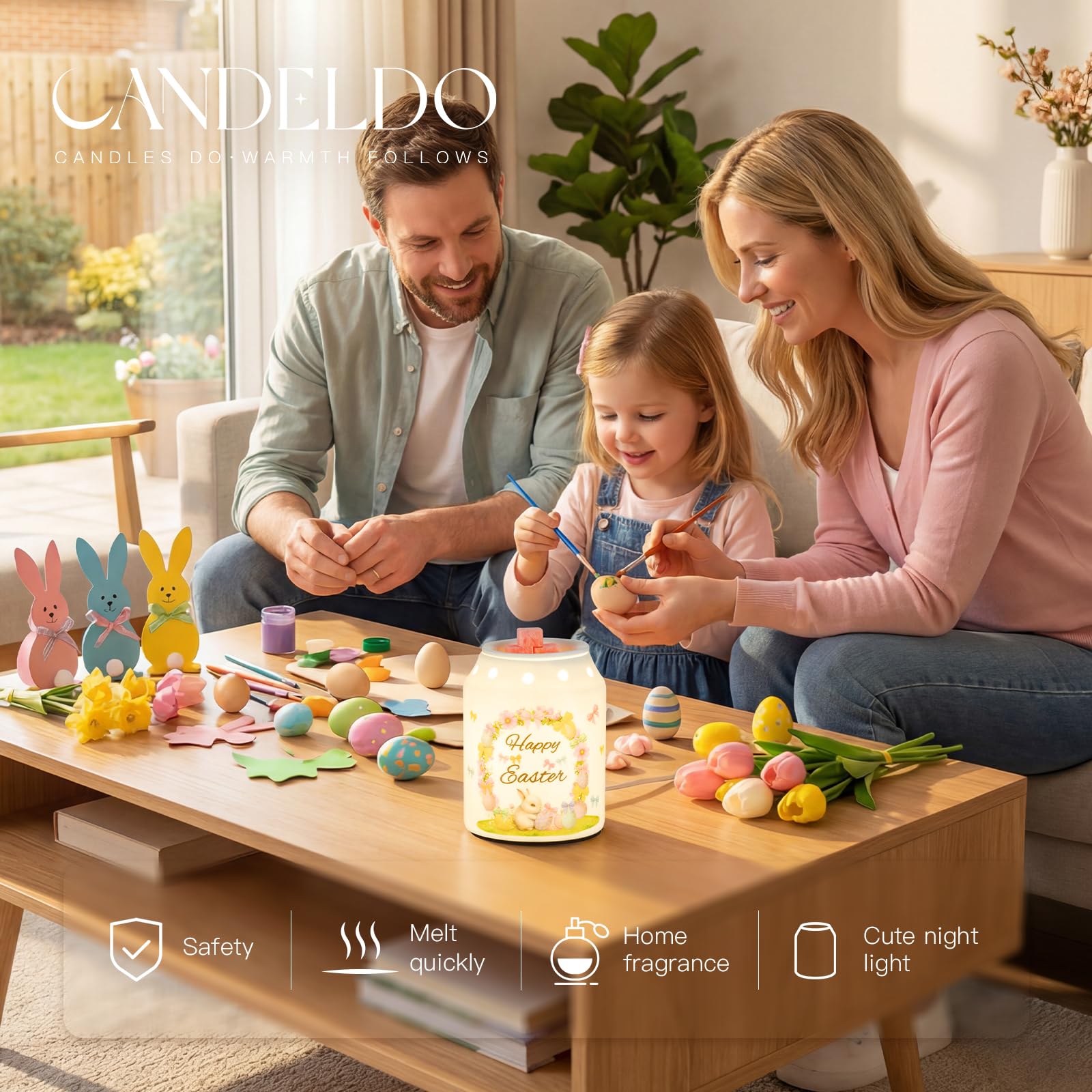 Soft ambient light from Candeldo warmer enhances living room and bedroom.