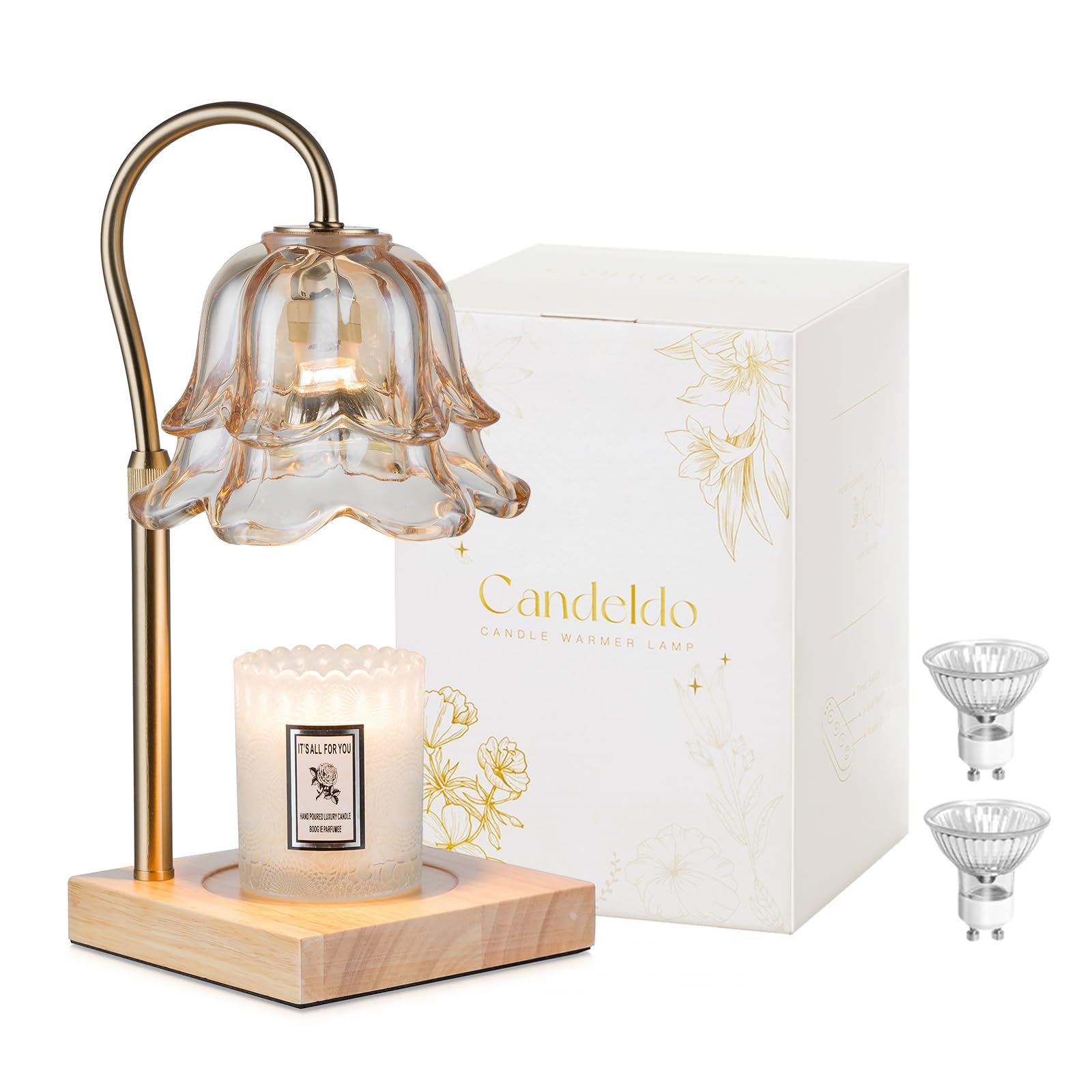 Candeldo Flower Gold candle warmer shade delivers romantic ambient glow.