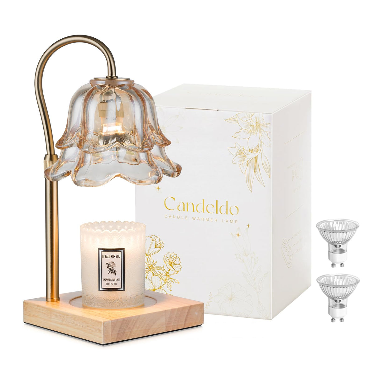 Candeldo Flower Gold candle warmer shade delivers romantic ambient glow.