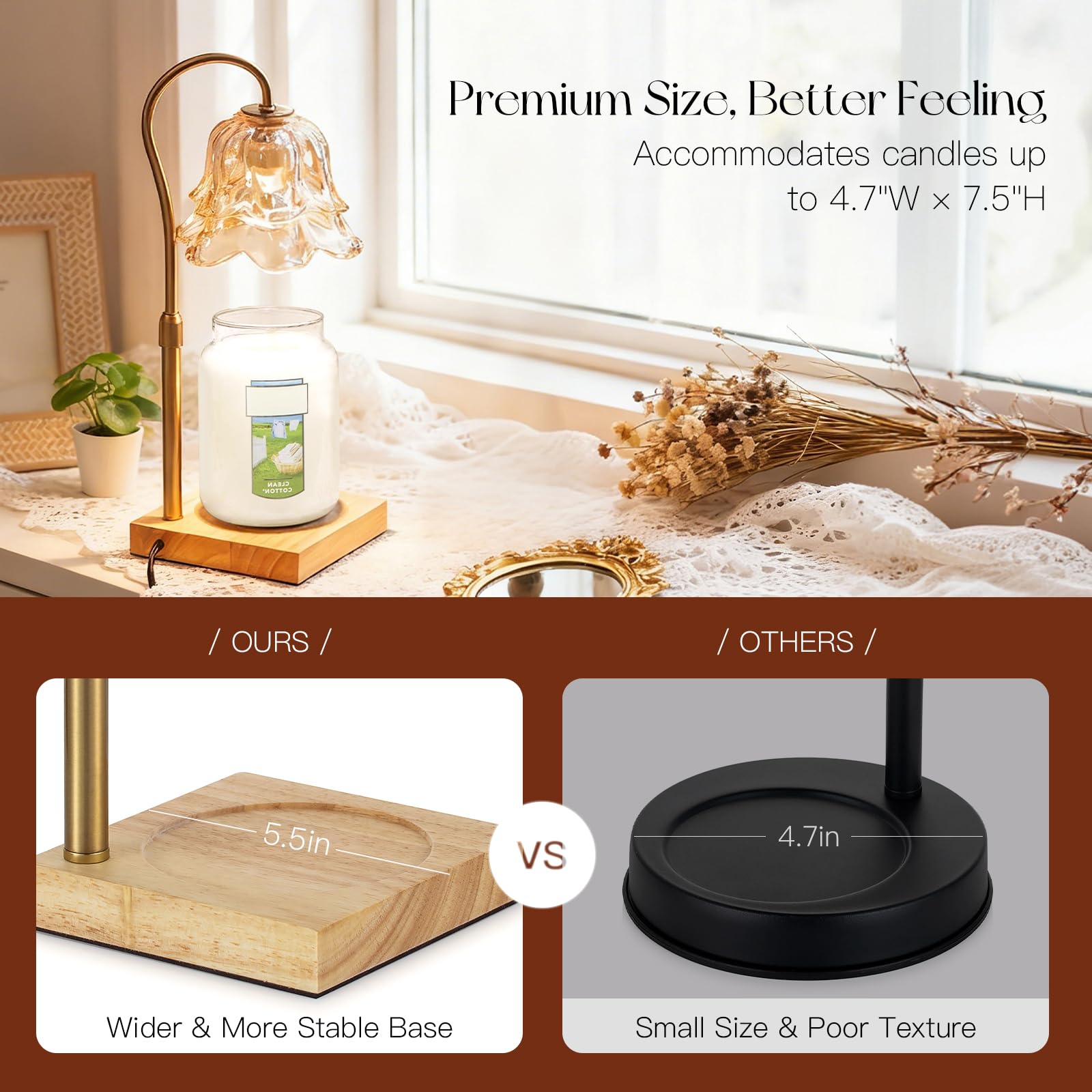 Candeldo height-adjustable wood base and gold arm for versatile placement.