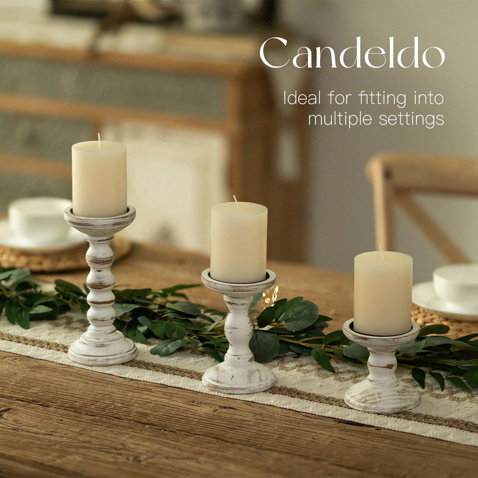 Candeldo pillar medium candle holder with warm glow on mantle