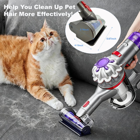 CandgFun mini motorized brush head on Dyson V8 improves pet hair removal.