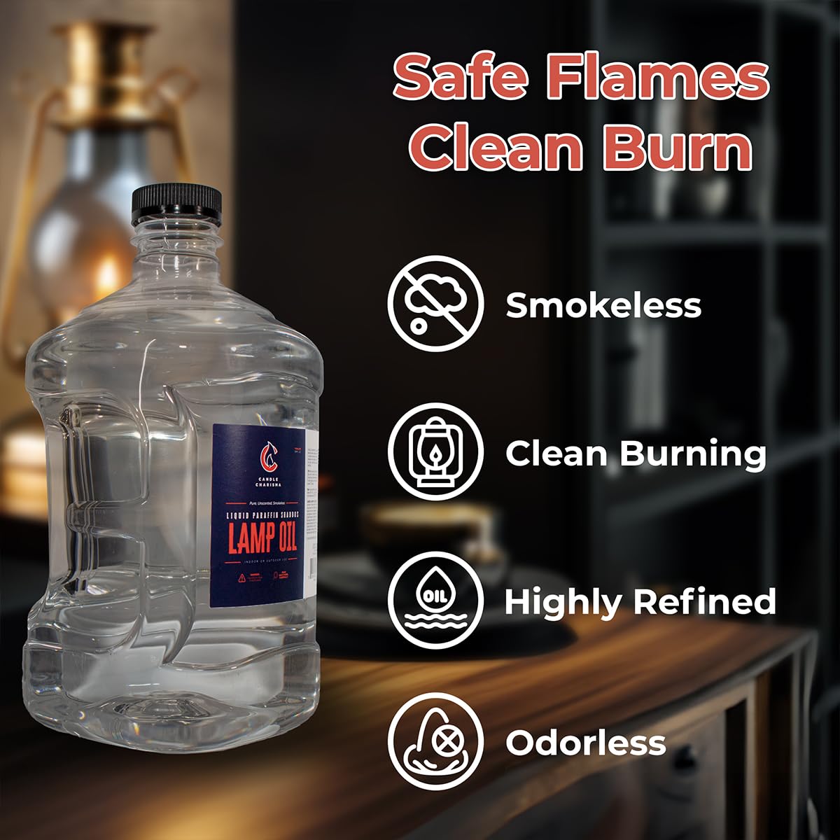 Candle Charisma clear refined lamp oil in a bottle for bright, soot-free lighting.
