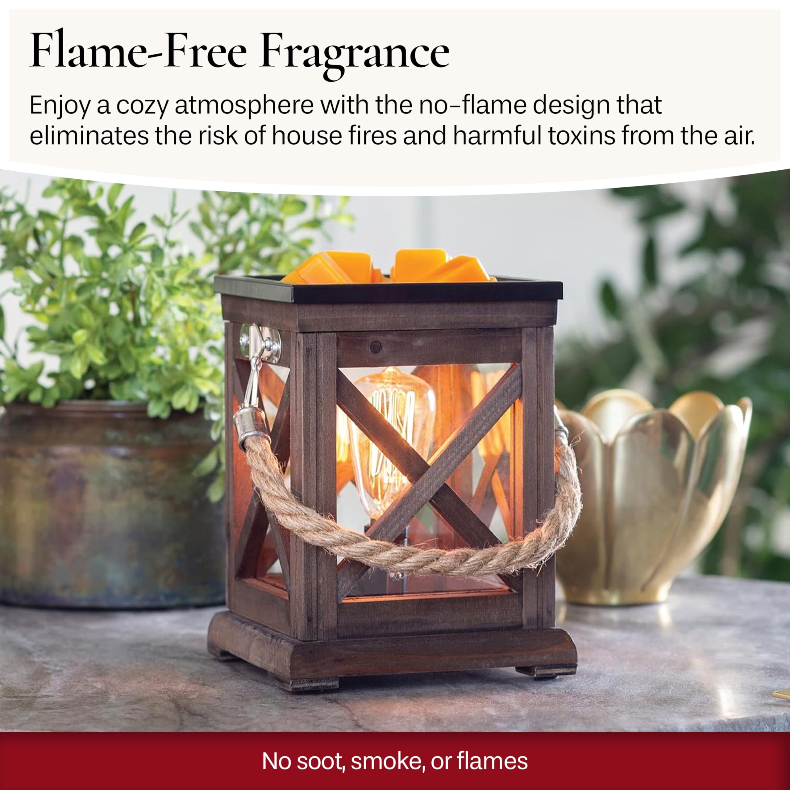 Candle Warmers ETC espresso-washed wood finish adds rustic charm and durability.