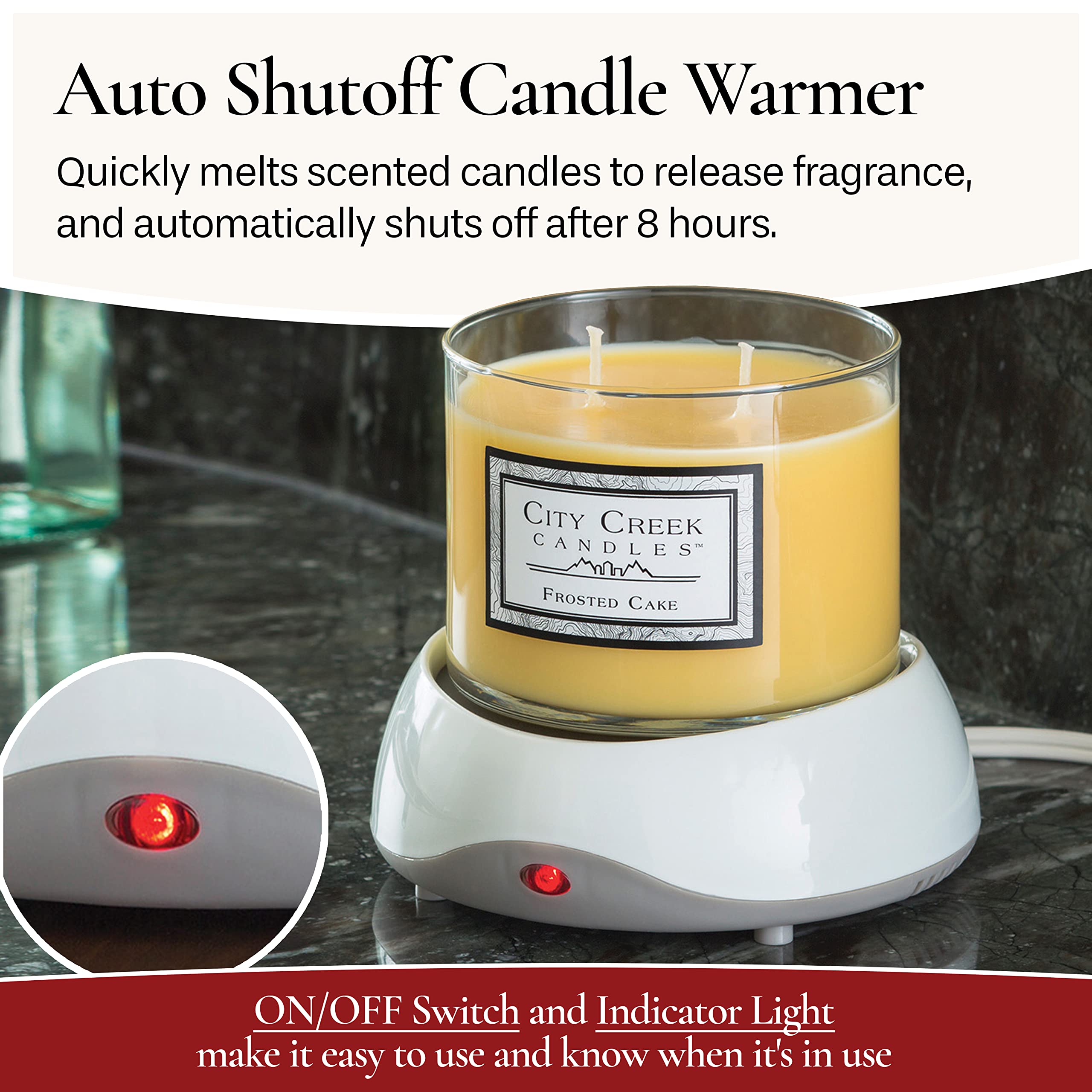 Candle Warmers Etc plug-in warmer on nightstand for even scent release.