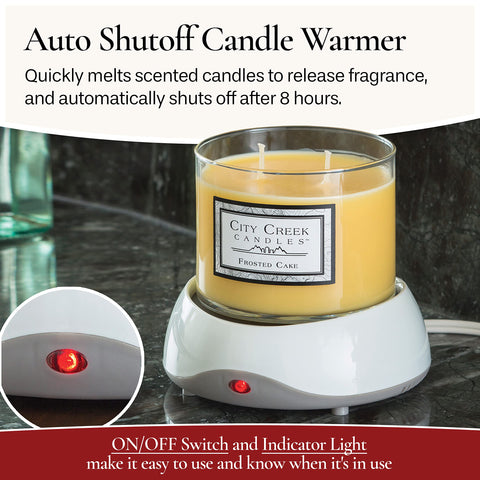 Candle Warmers Etc plug-in warmer on nightstand for even scent release.