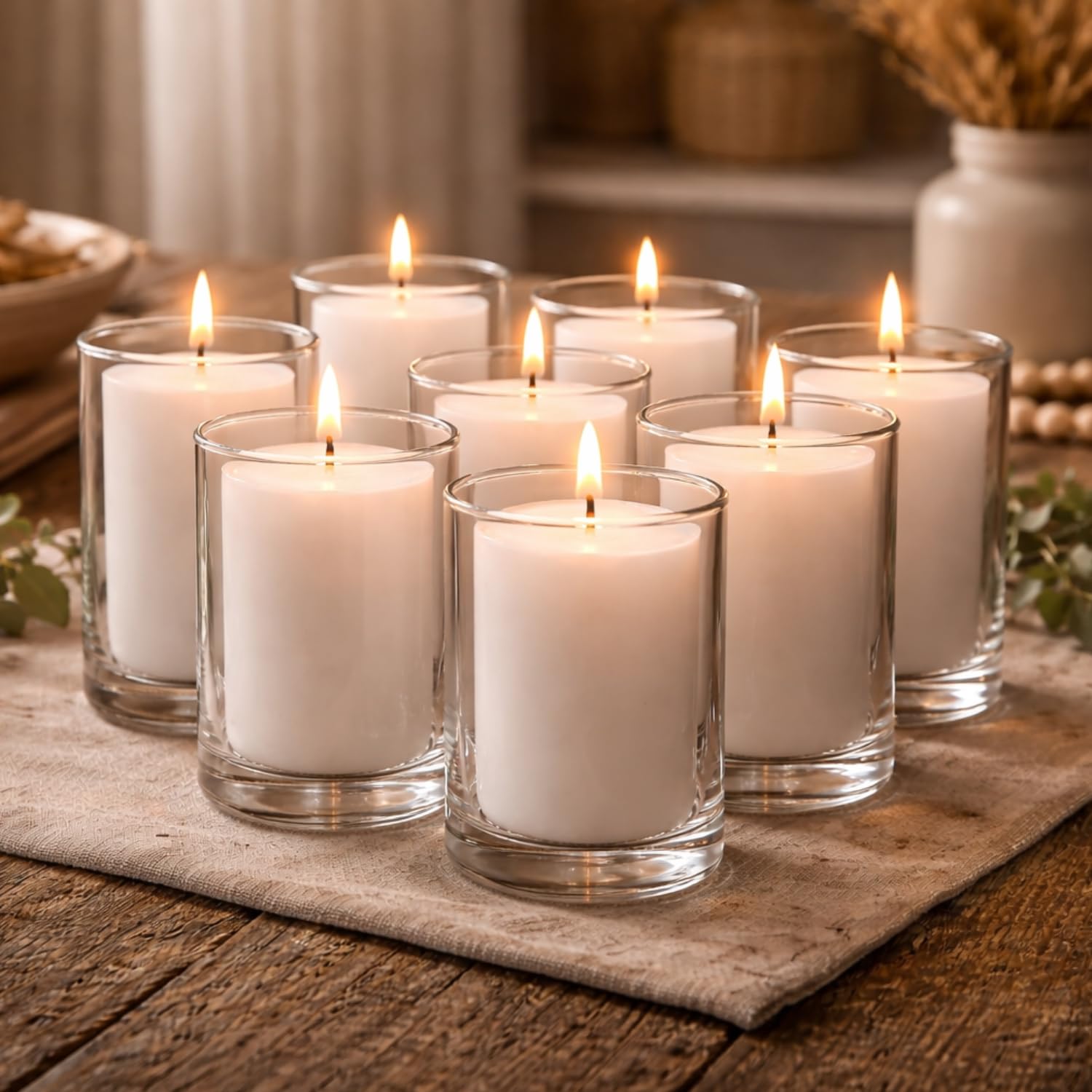 Candlestock spa setting shows relaxing, warm glow from unscented votive candles.
