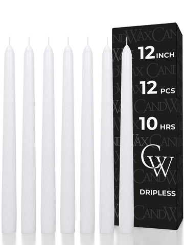 CandWax 12-inch white taper candles set illuminates tables with clean, dripless elegance.