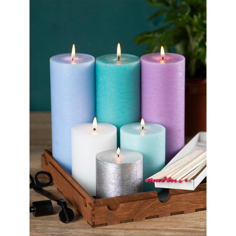 CANDWAX Ivory 3x4 pillars pair well with plates or holders for decor.