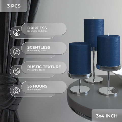 CANDWAX navy blue pillar candle shows solid color through for elegant ambiance.