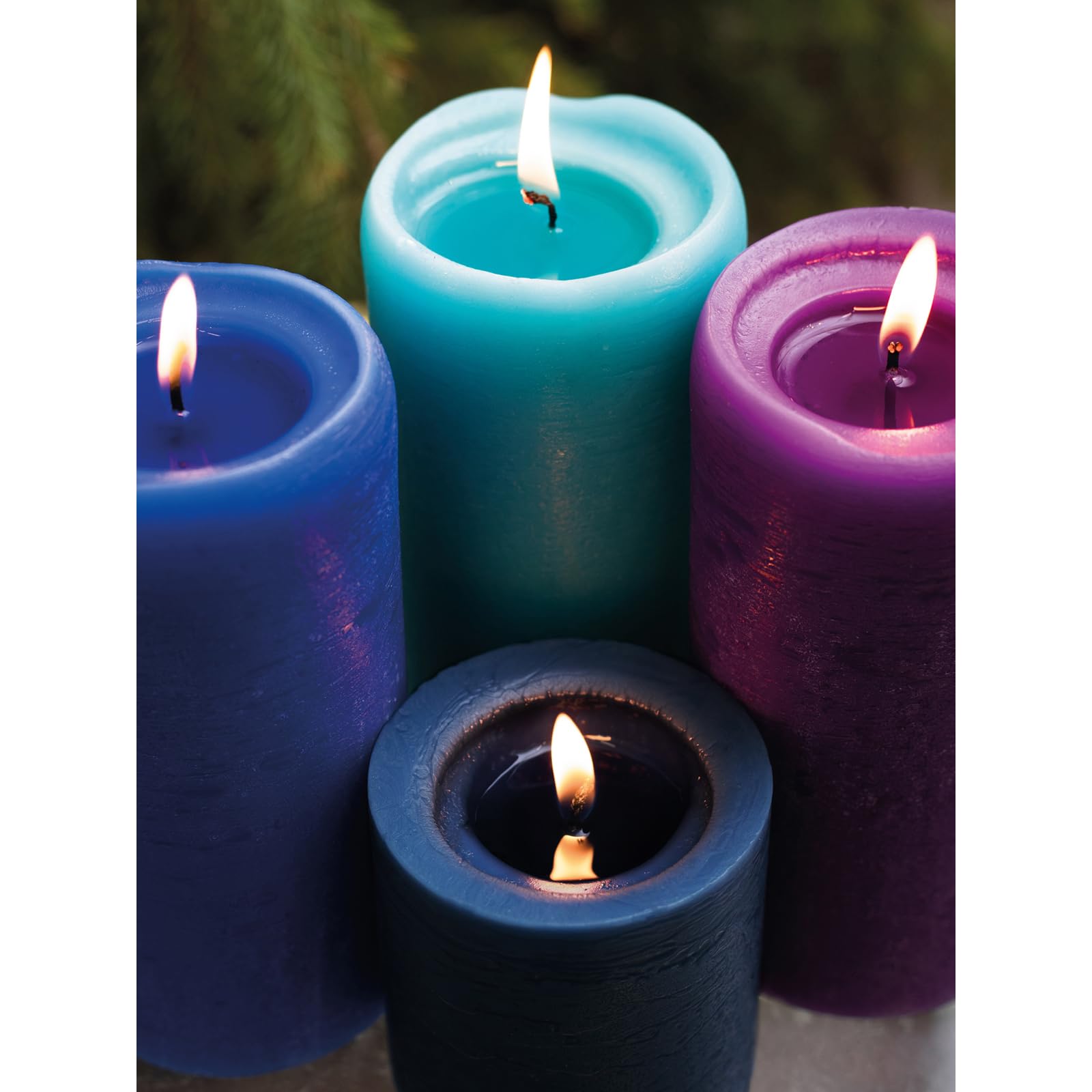 CANDWAX outdoor-use navy pillar candle withstands breeze for cozy evenings.