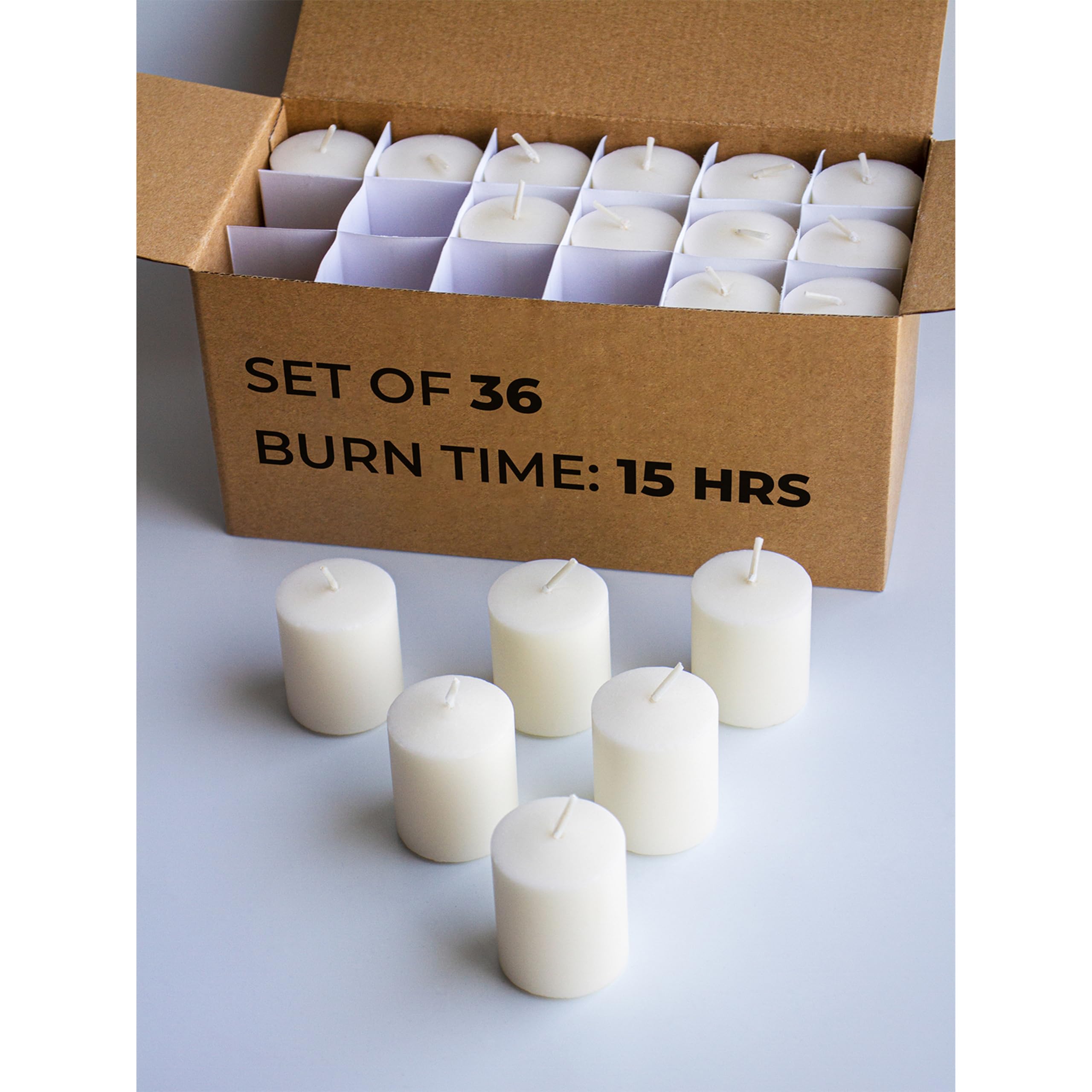 CANDWAX unscented ivory votive candles 36-pack for elegant table decor.