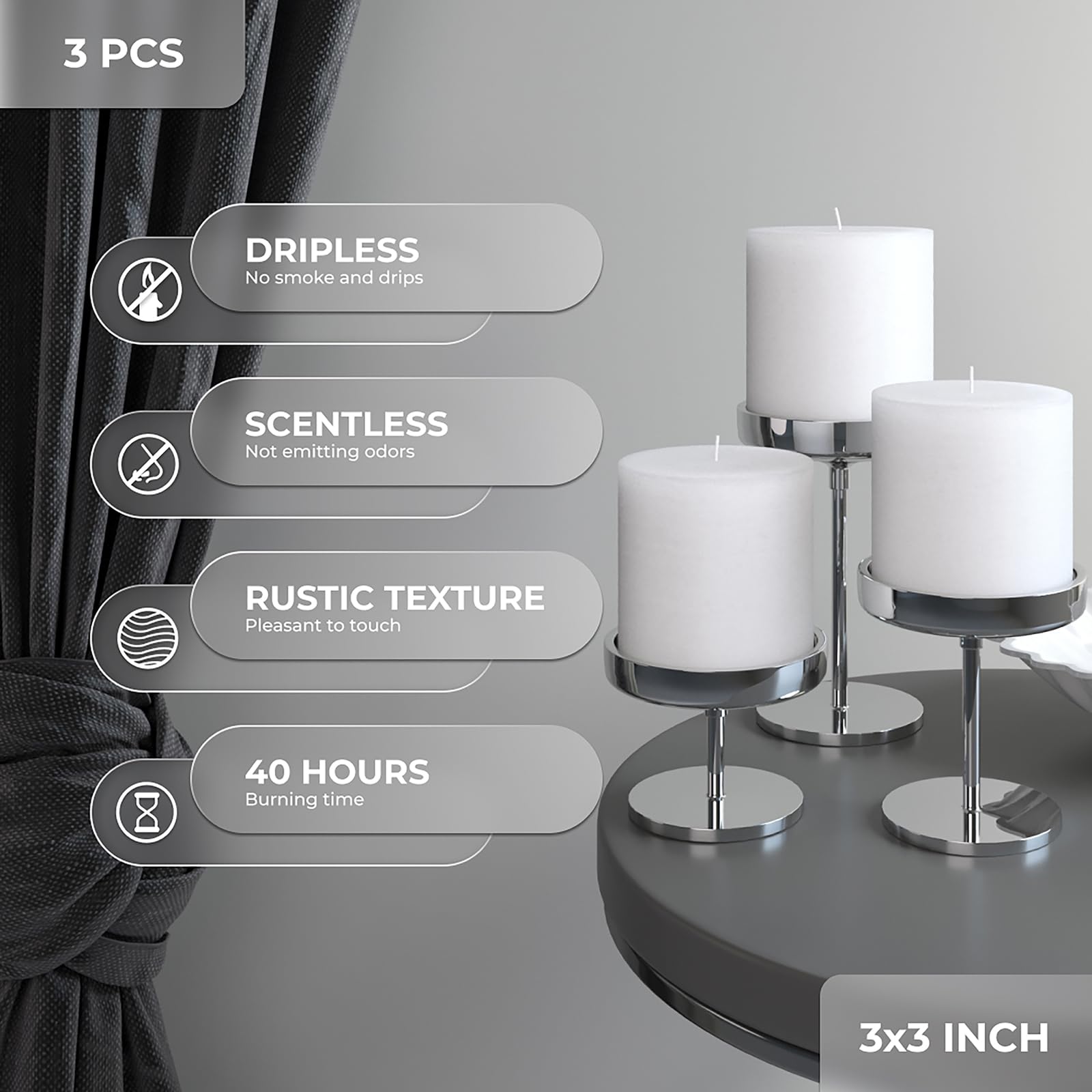 CANDWAX unscented pillars 3x3 offer smokeless ambiance for evenings.