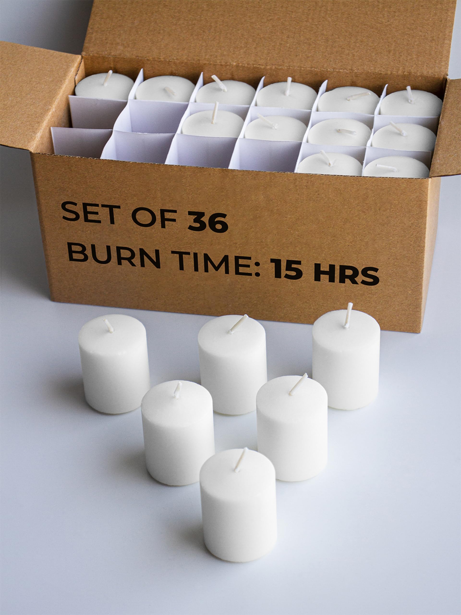 Candwax unscented white votive candles, 36-pack for clean-burning ambience in any setting.