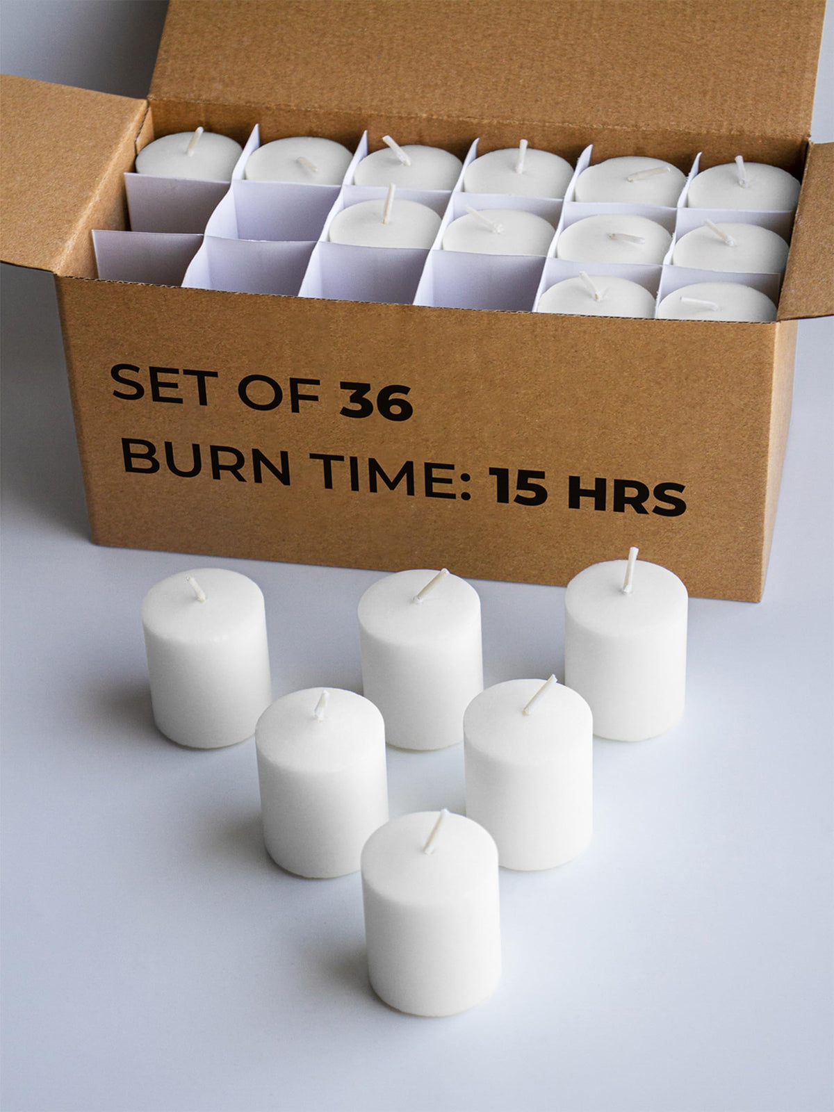 Candwax unscented white votive candles, 36-pack for clean-burning ambience in any setting.