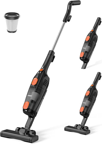 Candy corded stick vacuum on stairs for easy edge cleaning