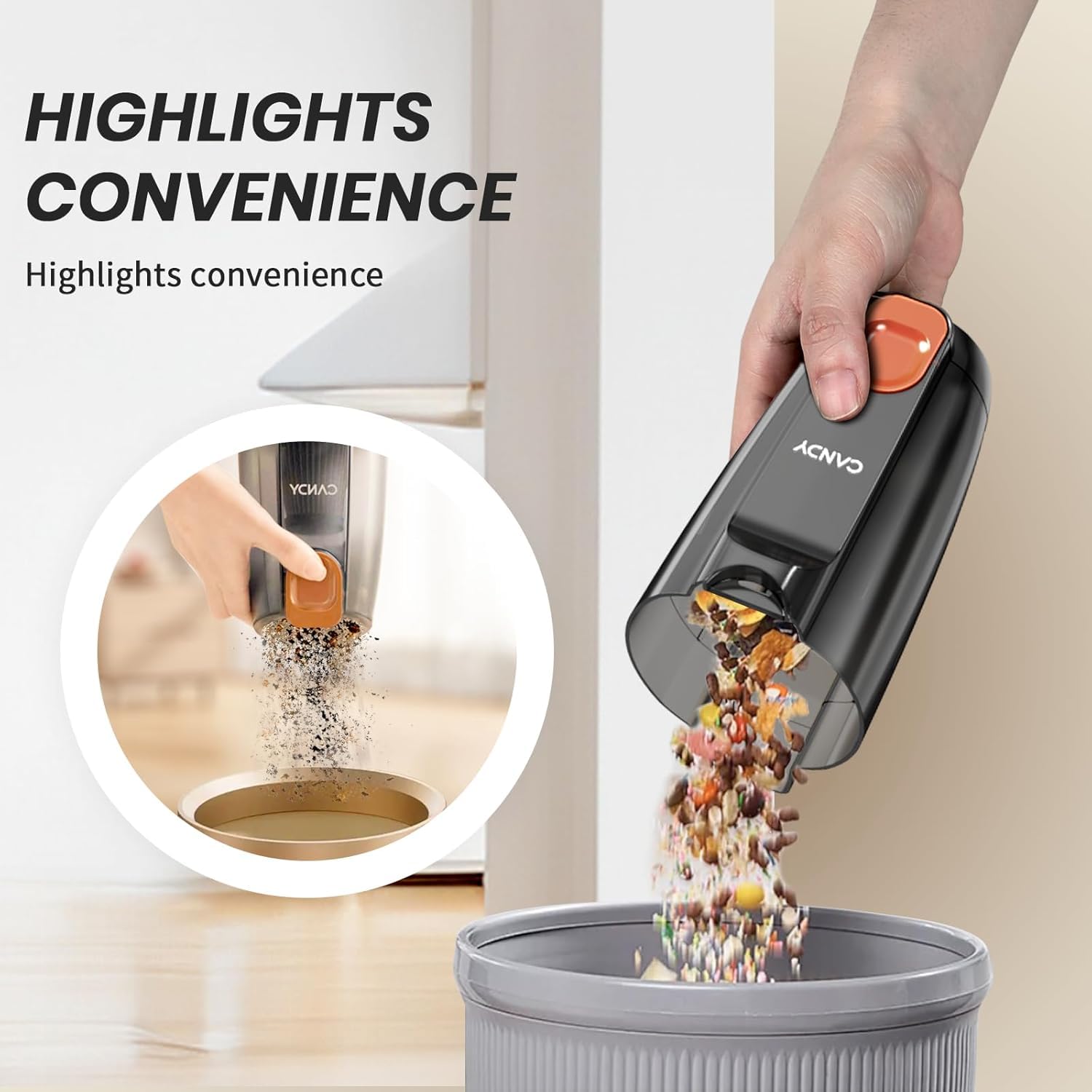 Candy corded stick vacuum shows 0.8 liter dust cup for less frequent emptying